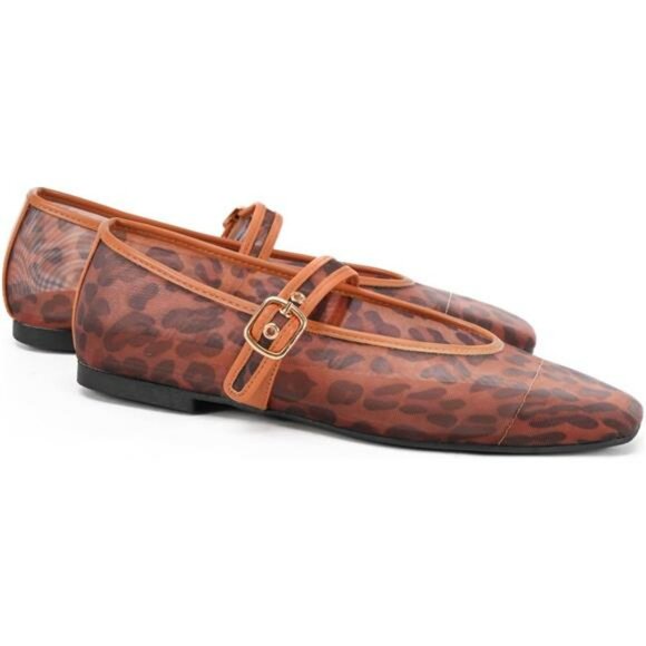 Leopard Mesh Ballet Flats Square Toe Mary Jane Buckle Dress Shoes Women - Picture 2 of 7